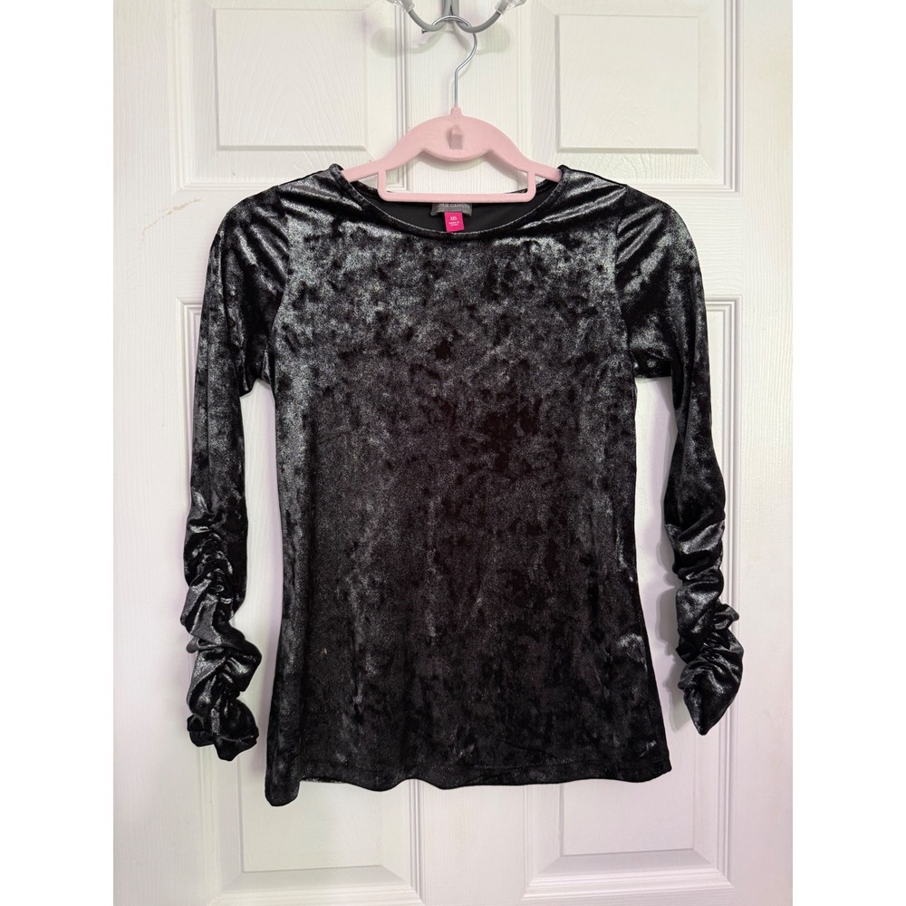 Vince Camuto Black Silver Metallic Crushed Velvet Ruched Sleeve XXS
Luxe Goth